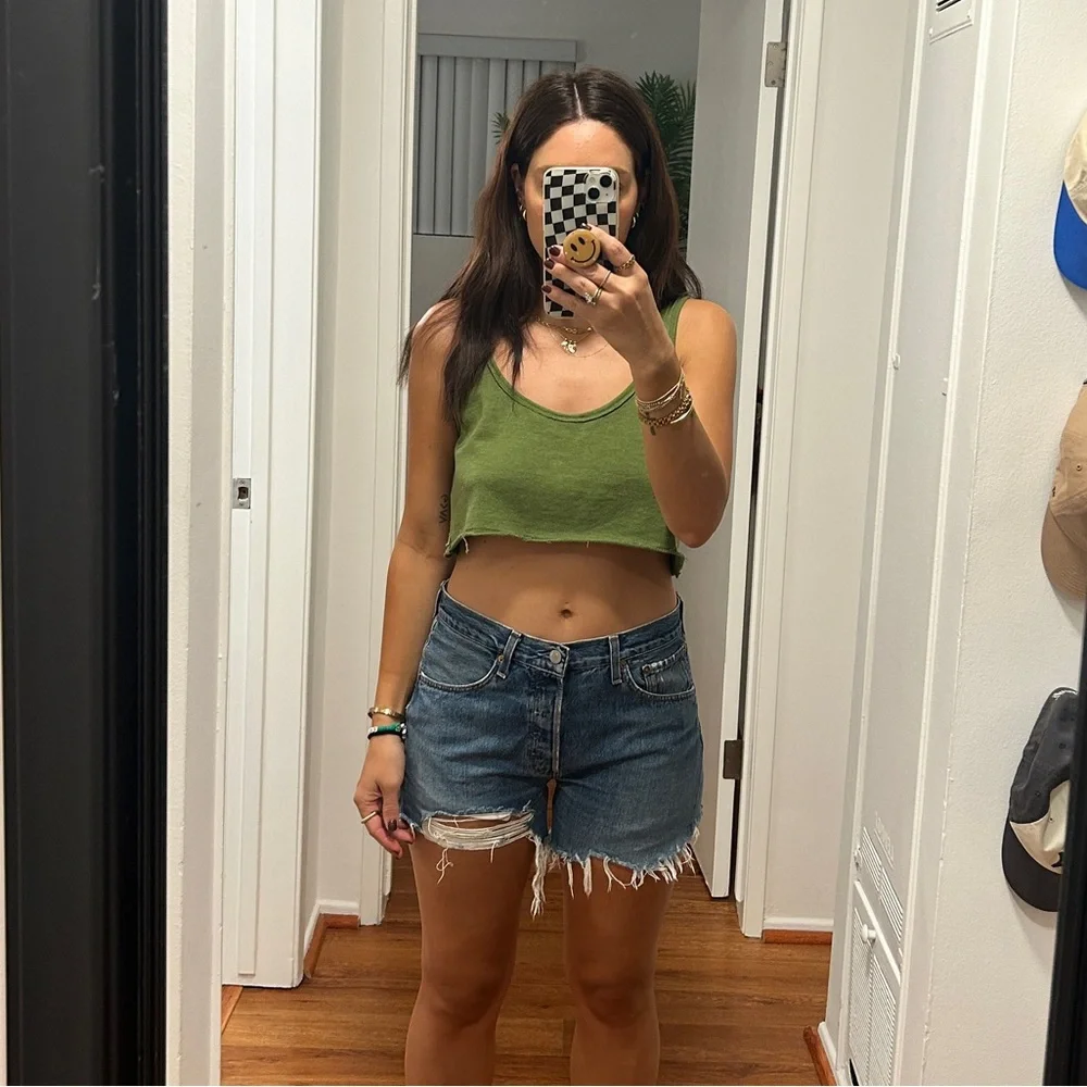 Levi's Green Crop Tank with Blue Denim Cutoff Shorts